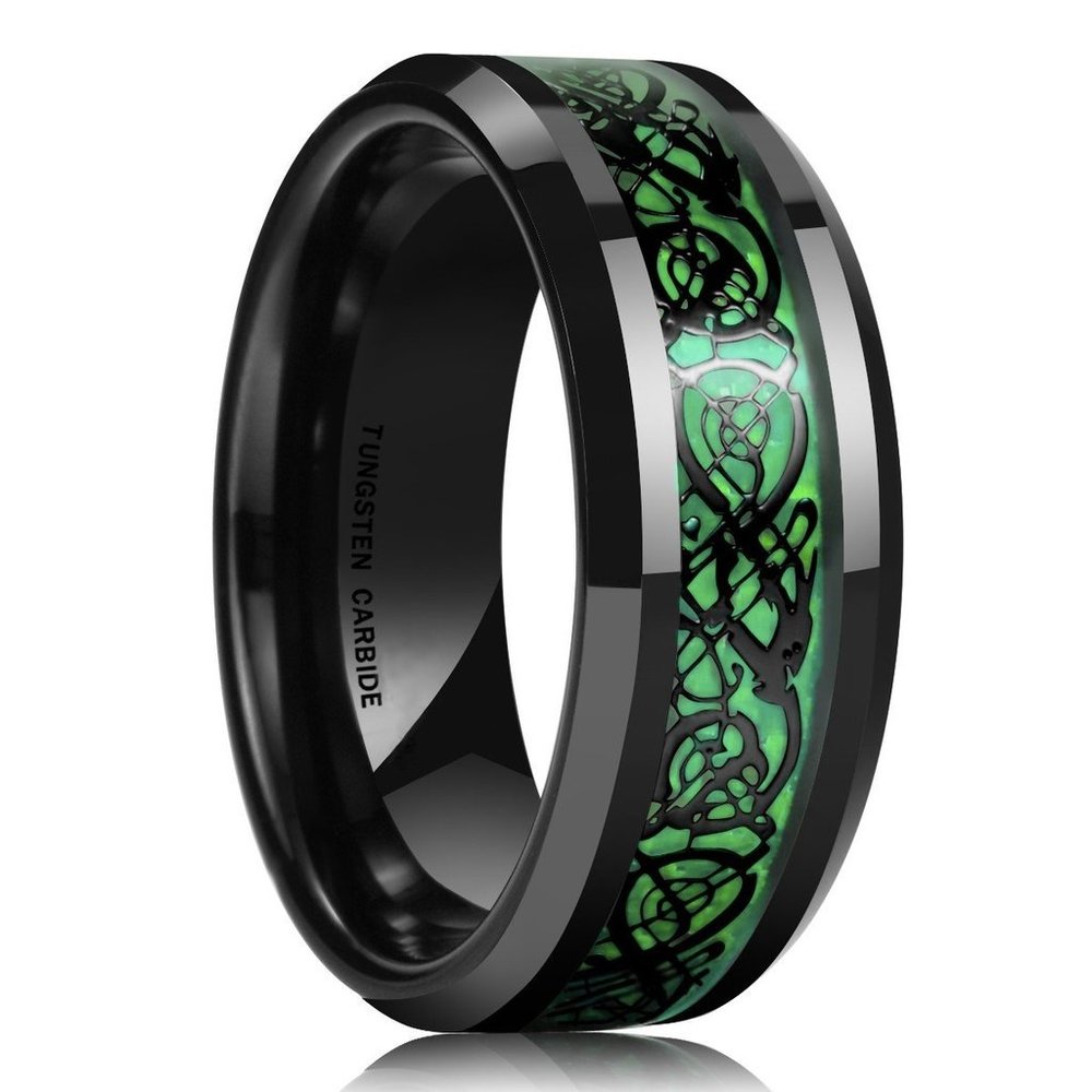 Mens Tungsten Wedding Band (8mm). Black & Green Mens Celtic Wedding Band.